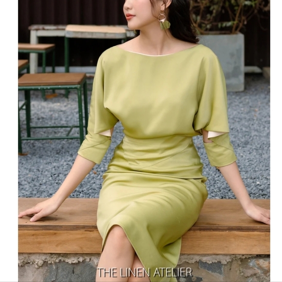 The Linen Atelier JOYCE Olive Green Satin Cutout Batwing Sleeve Midi Dress - Picture 12 of 16